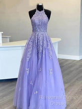 Hot  Halter Purple Semi Formal Prom Dresses Lace Long Graduation Evening Dresses